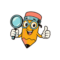 Icon Pencil Character with Magnifying Glass and Thumbs Up