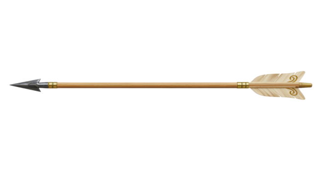 Isolated Wooden Arrow with Metal Tip and Feather Fletching
