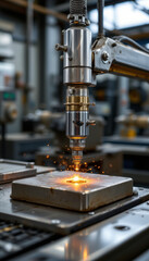 High resolution image of laser cutting machine in action, showcasing sparks and precision