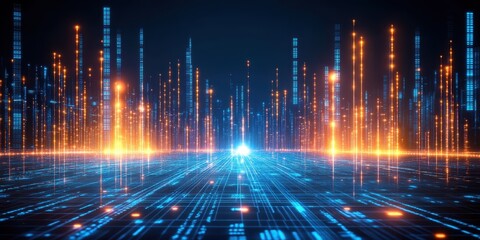 Futuristic city of glowing data streams