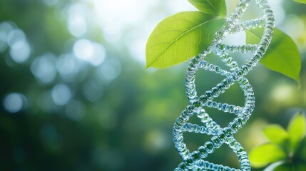 Translucent dna helix entwined with leaves.