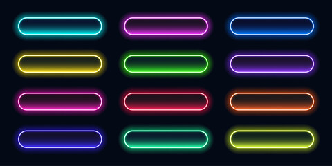 Neon Button Set for Web and UI Design. Glowing Vector Push Button Icons