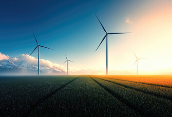 Obraz premium Wind turbine grassland sunrise mountain landscape clean energy peaceful sky. serene sunrise over vast grassland with wind