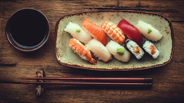 Sushi set arrangement with chopsticks on a wooden table 