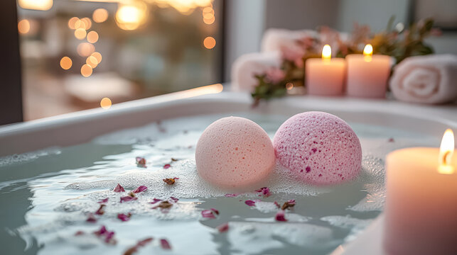 Bathtub filled with water and two pink bath bombs