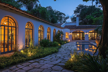 Elegant estate showcasing architecture, pool, and landscape lighting design