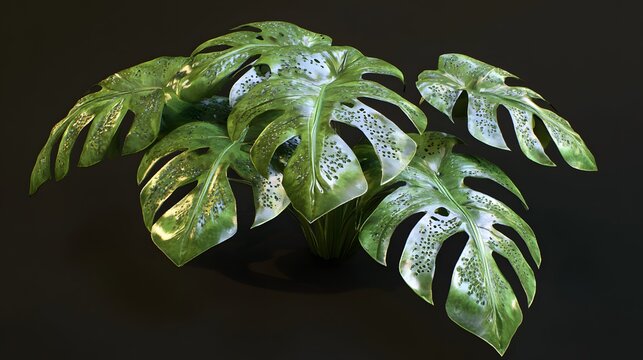 A digitally rendered cluster of tropical leaves against a dark background.