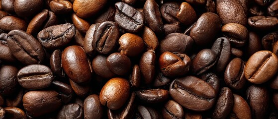 Obraz premium Full-frame close-up of glossy roasted coffee beans creating rich aromatic brown textured background ideal for espresso café branding, beverage packaging mockups, and gourmet culinary designs