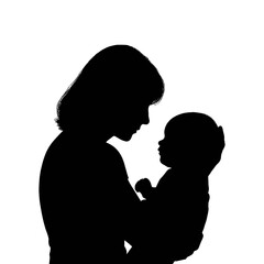 Motherhood silhouette holding baby newborn love care parenting family mom child infant black white