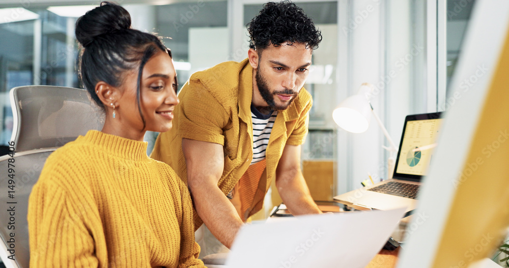 Poster Creative, advice or people with paperwork in office for website code feedback, design layout review or teamwork. Collaboration, programmer and designer with discussion of site development or planning