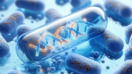 Blue and white medical capsule containing DNA structure, surrounded by small bacteria illustrations on a light blue background, scientific concept of biology, healthcare.