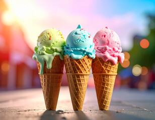 Three ice cream cones in green, blue, and pink melt slightly over crisp waffle cones. The blurred, colorful background enhances the playful atmosphere, evoking themes of nostalgia, joy, and summer ind