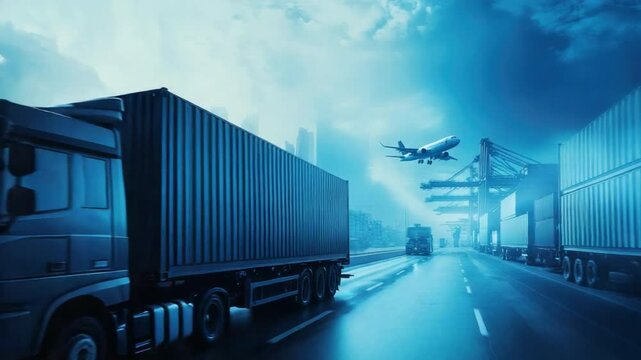 Freight Journey: A stunning shot captures the dynamism of the freight transport industry, with container trucks on a road, an airplane in the sky, and a bustling port in the backdrop.