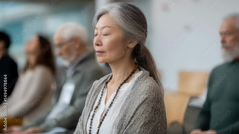 Poster a serene environment in which an agi leads a mindfulness session integrating diverse philosophical t
