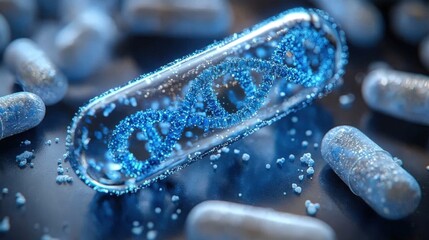 Blue and white medical capsule containing DNA structure, surrounded by small bacteria illustrations on a light blue background, scientific concept of biology, healthcare.
