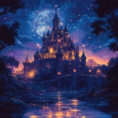 Fototapeta premium Magical castle at night, starry sky, fairytale setting, mystical atmosphere
