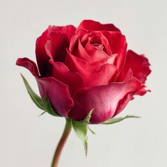 A close-up of a red rose with a white background featuring subtle light gradients.