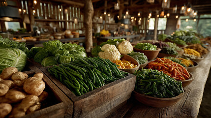 Rustic wooden surface brimming with fresh seasonal produce, celebrating the raw beauty of nature's bounty