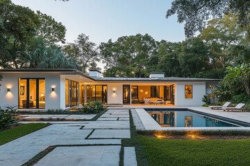 Modern architecture and tranquil poolside view of a residential estate