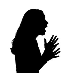 Silhouette of woman screaming shouting anger frustration stress expression emotion profile side view hands up black