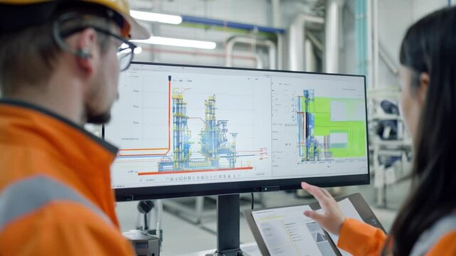 Staff gathers near control panel with twin display, monitoring operational insights and optimizing automated machine functions
