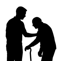 Silhouette of caregiver helping elderly man with cane: senior care assistance and support concept