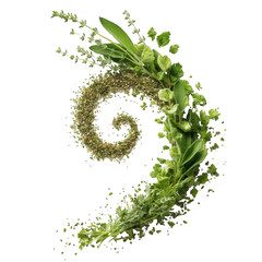 Vibrant green herbs and spices swirling spiral design fresh aromatic culinary ingredient natural food photography background texture image leaf sage mint dill plant thyme on transparent background