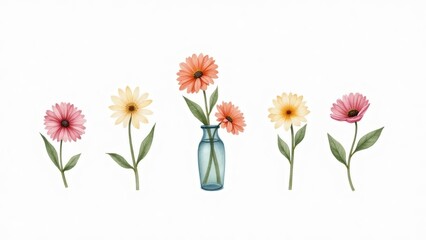 Obraz premium Colorful Gerbera Daisy Flowers Arrangement in Vase and Isolated Blooms on White Background