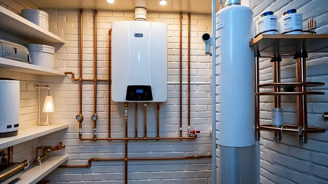 Utility Room with Modern Water Heating and Plumbing System Installed Against White Tile Wall