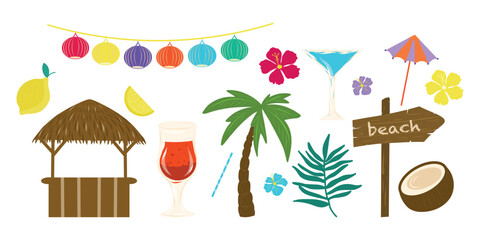 Tropical beach set, Tropical objects collection. Palm tree, garland, lemon, flower, cocktail, coconut, leaf, direction sign, beach bar.