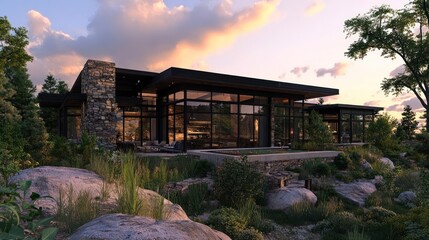 House on rocks, nature background, a modern home with trees. Architecture use