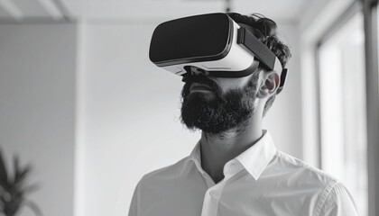 A man wearing virtual reality headset in grayscale image symbolizes immersive digital experiences, remote work, and futuristic tech culture