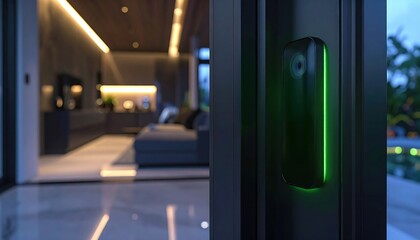 Modern smart home entry system with biometric scanner glowing green, symbolizing advanced security, futuristic living and privacy technology trends