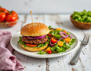Delicious burger with fresh salad, vibrant colors, and healthy touch