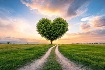 Heart-shaped tree at golden hour sunrise on a country road conveys peace and love