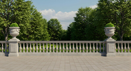 Serene Garden View with Stone Balustrade and Lush Greenery