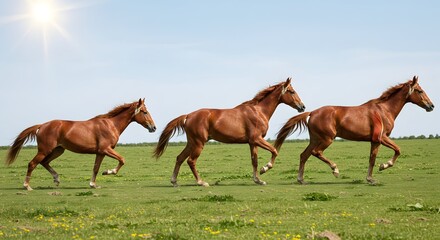 Obraz premium Three Brown Horses Running Together Across a Green Pasture Under Bright Blue Sky and Sunlight