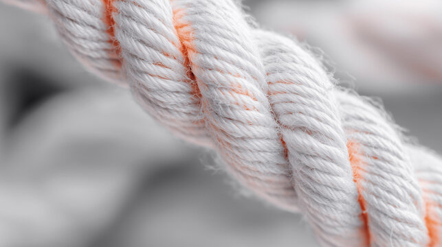A detailed close-up reveals the intricate twists of a white and orange rope, highlighting its fibers and texture against a softly blurred background