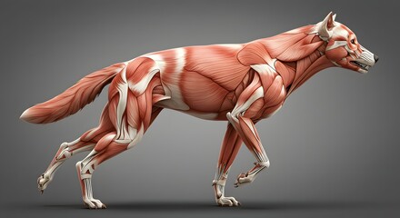Detailed 3D Anatomical Model of a Running Dog Highlighting Muscular Structure and Skeletal Anatomy