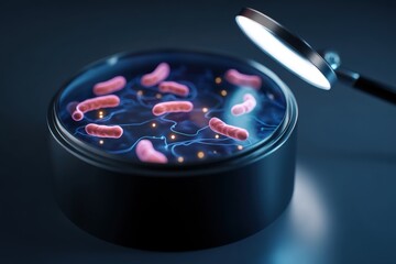 Pink bacterial-like structures float in a dark petri dish illuminated by a magnifying lamp. Thin, wavy lines connect them, creating a network-like appearance