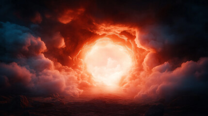 Fototapeta premium Swirling clouds in shades of red and orange surround a bright, glowing portal against the darkening sky during twilight, creating a mystical atmosphere