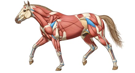 Detailed Anatomical Illustration of a Horse Showing Muscles and Skeletal Structure in Motion