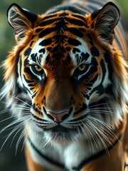 A stunning close-up of a tiger's face highlighting its piercing eyes, intricate fur pattern, and powerful presence, capturing the essence of this majestic predator