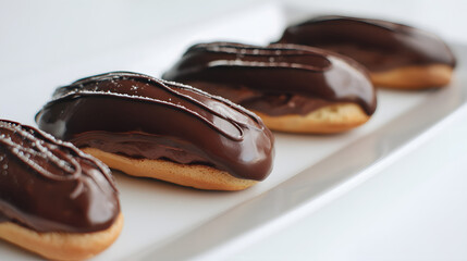 Gourmet &eacute;clair filled with rich dark chocolate ganache on a stylish white platter