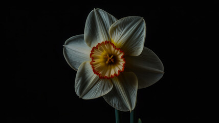 Fototapeta premium A high-contrast photograph of a single white daffodil flower against a pure black background