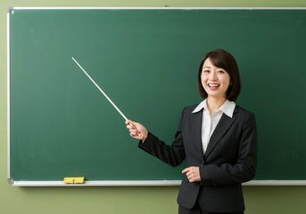 Female teacher in a suit jacket, smiling as she points to an empty green board.
