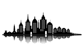 Naklejka premium black vector design city panorama city architecture with reflection below