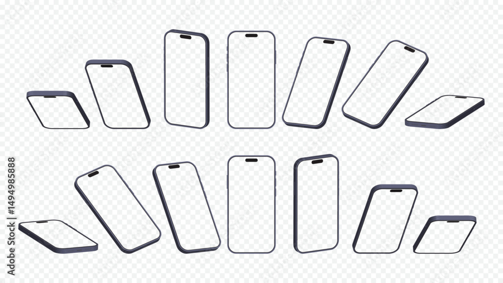 Poster realistic smartphone mockup set – front, side, and perspective views of mobile device on transparent
