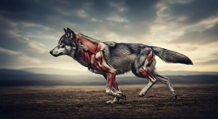 Running Wolf in a Breathtaking Landscape with Dramatic Sky and Mountains in the Background
