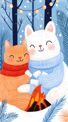 Two adorable cats, one orange and one white, wear colorful scarves while enjoying warmth from a fire in a snowy forest during a winter celebration